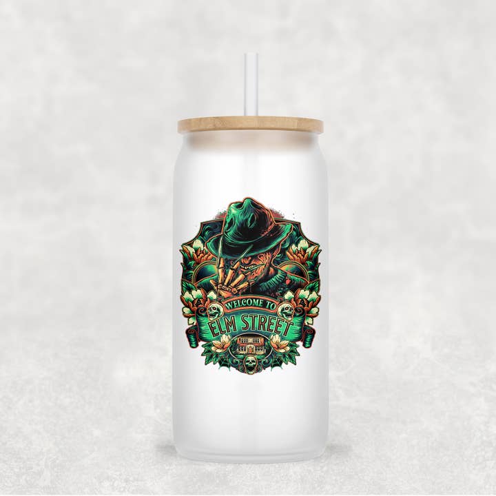 Main Villains Set 1 Glass Cup with clear straw and bamboo lid for wholesale by Smile Graphics and Design