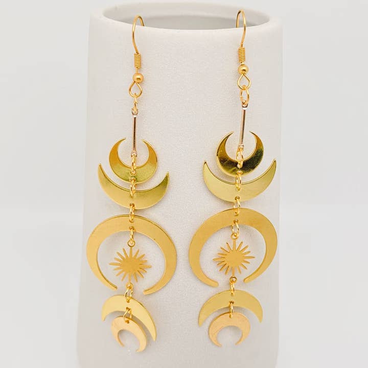 Golden Multi Moon Star Pendant Long Earrings - MS for wholesale by Mio Queena