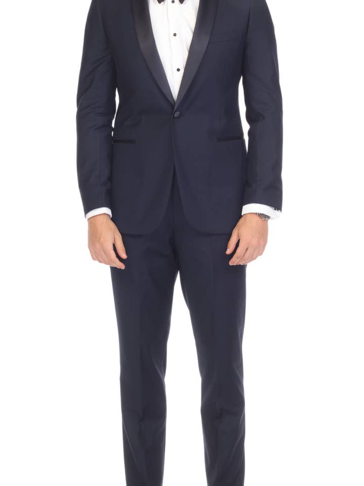 Ferrecci Men's Reno Navy / Navy Slim Fit Shawl Lapel 2 Piece Tuxedo Suit Set for wholesale by Ferrecci