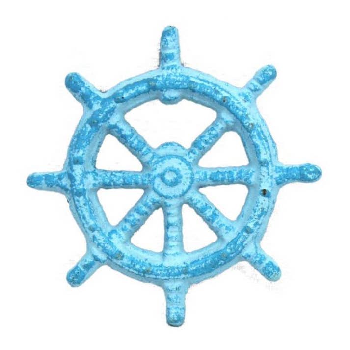 Lyseblå Hvidkalkede Cast Iron Ship Wheel oplukker 3,75" for engroshandel hos Hampton Ironworks