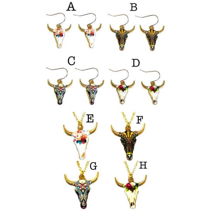 Enamel Longhorn Western Jewelry Bull Skull Earrings Necklace for wholesale by Broken Record Boutique