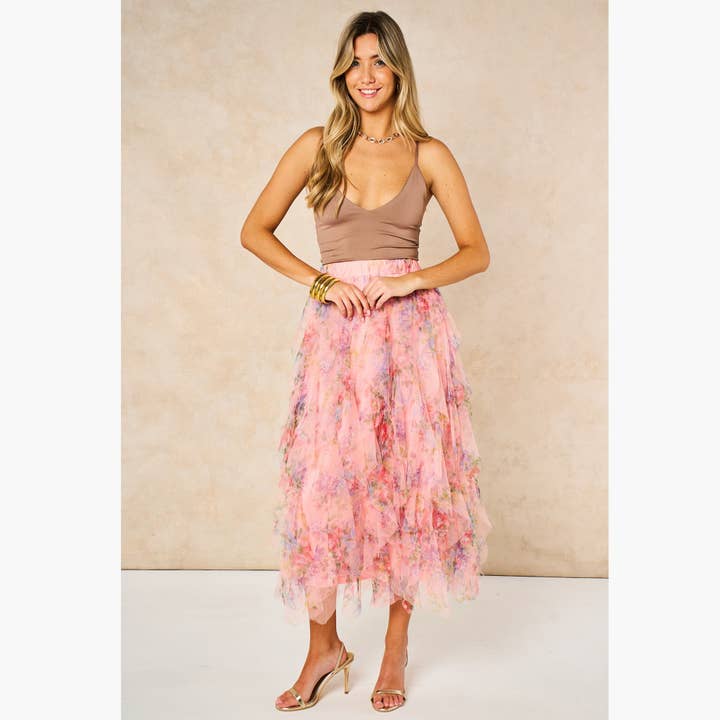Layla Peach Pink Floral Layered Tulle Maxi Skirt for wholesale by Sarta