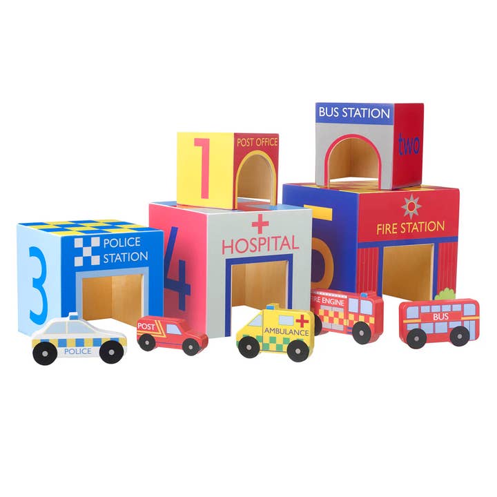 Emergency Services Wooden Stacking Cubes
for wholesale by Orange Tree Toys