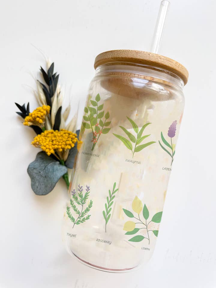 Herbs Glass Can with Bamboo Lid & Straw for wholesale by Wilderness Grace