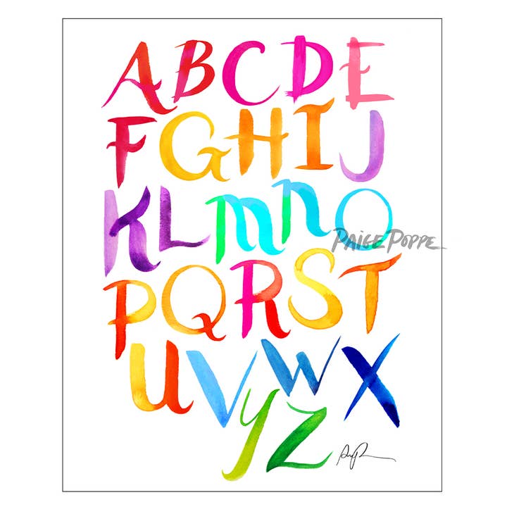 "Alphabet Technicolor" Impression d'Art pour Enfants en Aquarelle pour la vente par Paige Poppe Art