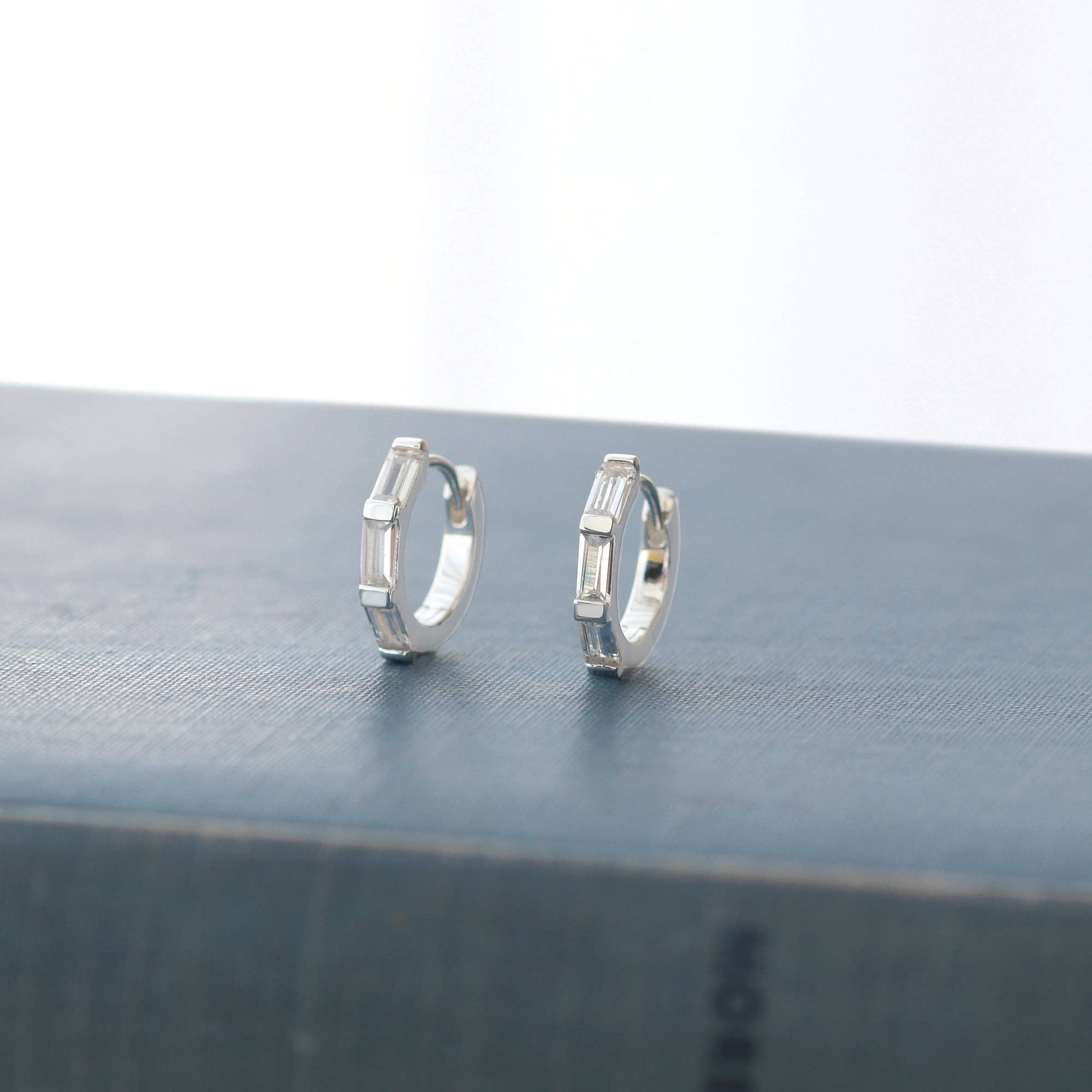 Kris Nations - Wholesale Huggie Earrings - Baguette Huggie Hoop Earrings 18K Gold Vermeil | Sterling Silver CZ Crystals 12mm Hoops Hinge Closure Nickel Free Hypoallergenic Ships from CA4