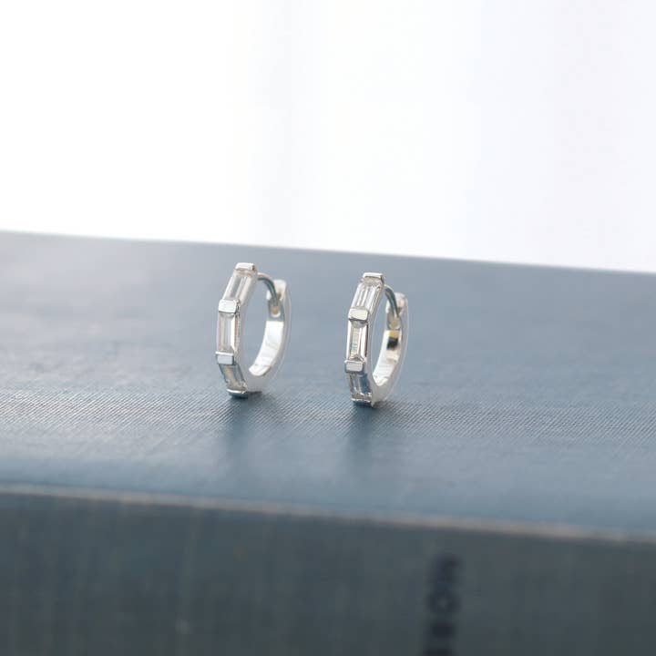 Kris Nations - Wholesale Huggie Earrings - Baguette Huggie Hoop Earrings 18K Gold Vermeil | Sterling Silver CZ Crystals 12mm Hoops Hinge Closure Nickel Free Hypoallergenic Ships from CA4