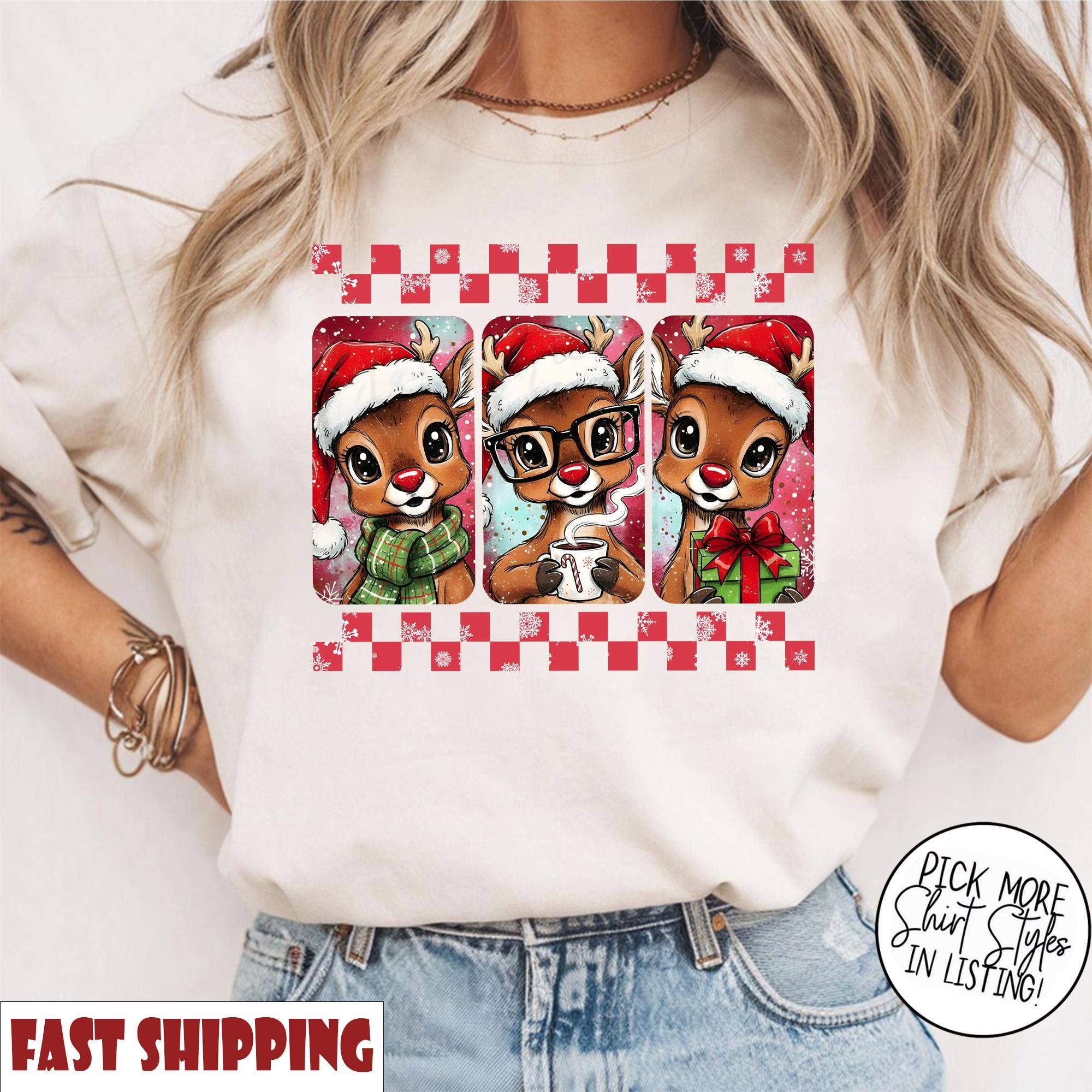 Glaime - Wholesale T-Shirt (Graphic) - Women's - Comfort Colors Xmas Reindeer Shirt, Preppy Reindeer Sweater