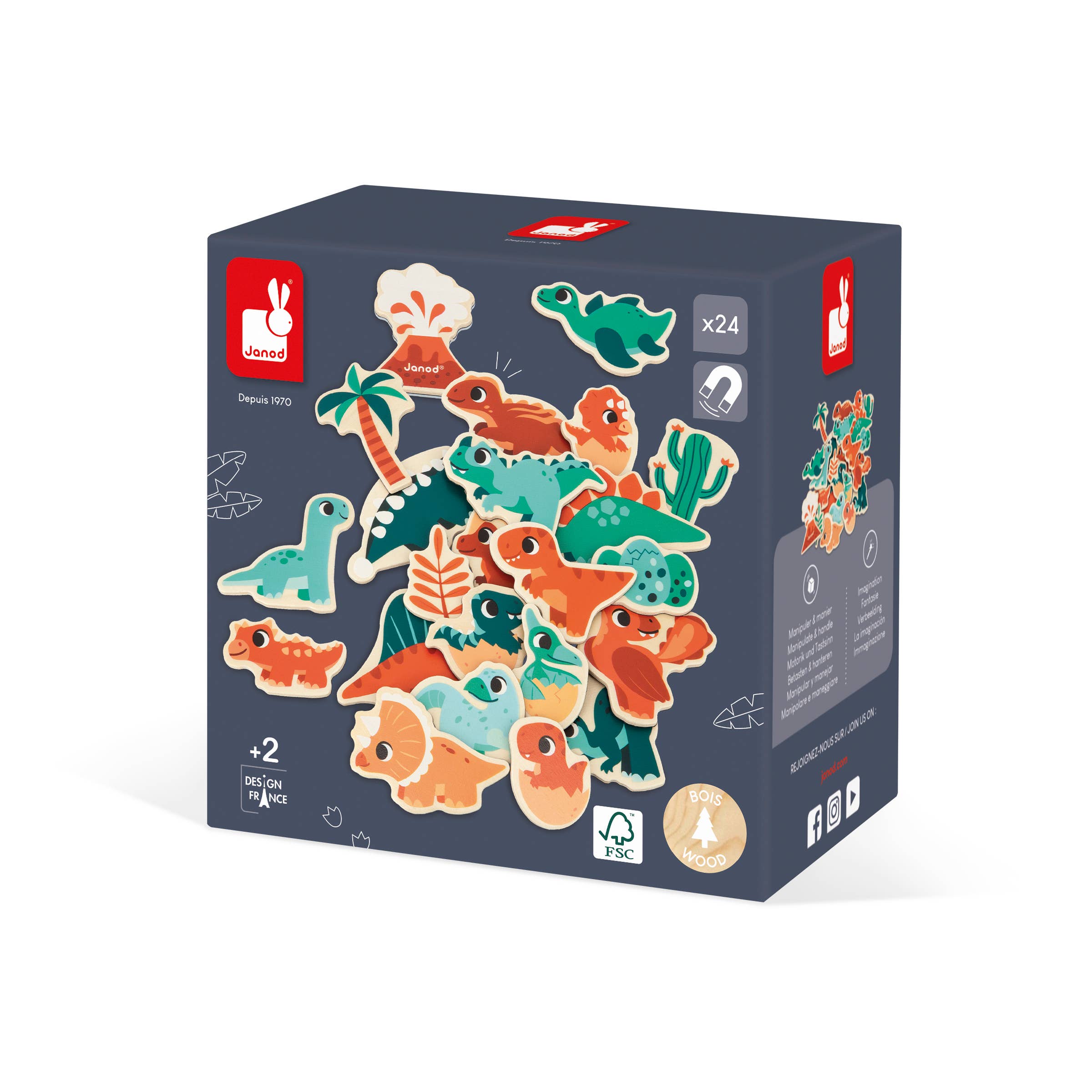 Janod - Wholesale Magnet - Kids & Baby - Set of Magnets | Dino | 24 wooden magnetic pieces | toy7