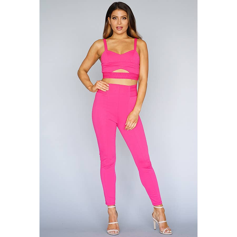 2PIECE SET BUCKLE STRAP MIDCUTOUT TOP FITTED PANTS for wholesale by CEFIAN FASHION