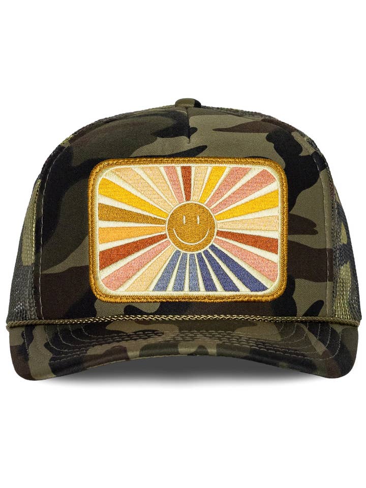 Rays Of Happy Trucker Hat in Camo for wholesale by Friday Feelin'