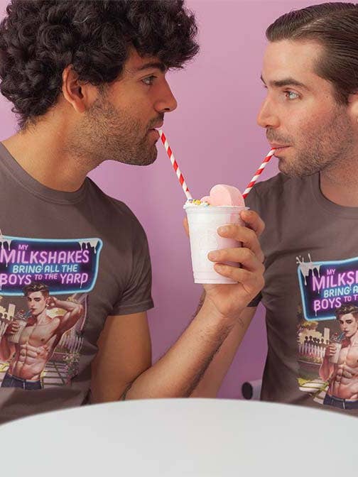 Brown My Milkshakes Bring All the Boys to the Yard LGBTQ Pride Tee for wholesale on Faire