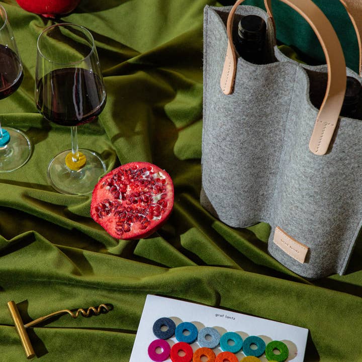 Rainbow Wine-O's Merino Wool Felt Round Wine Markers for wholesale on Faire