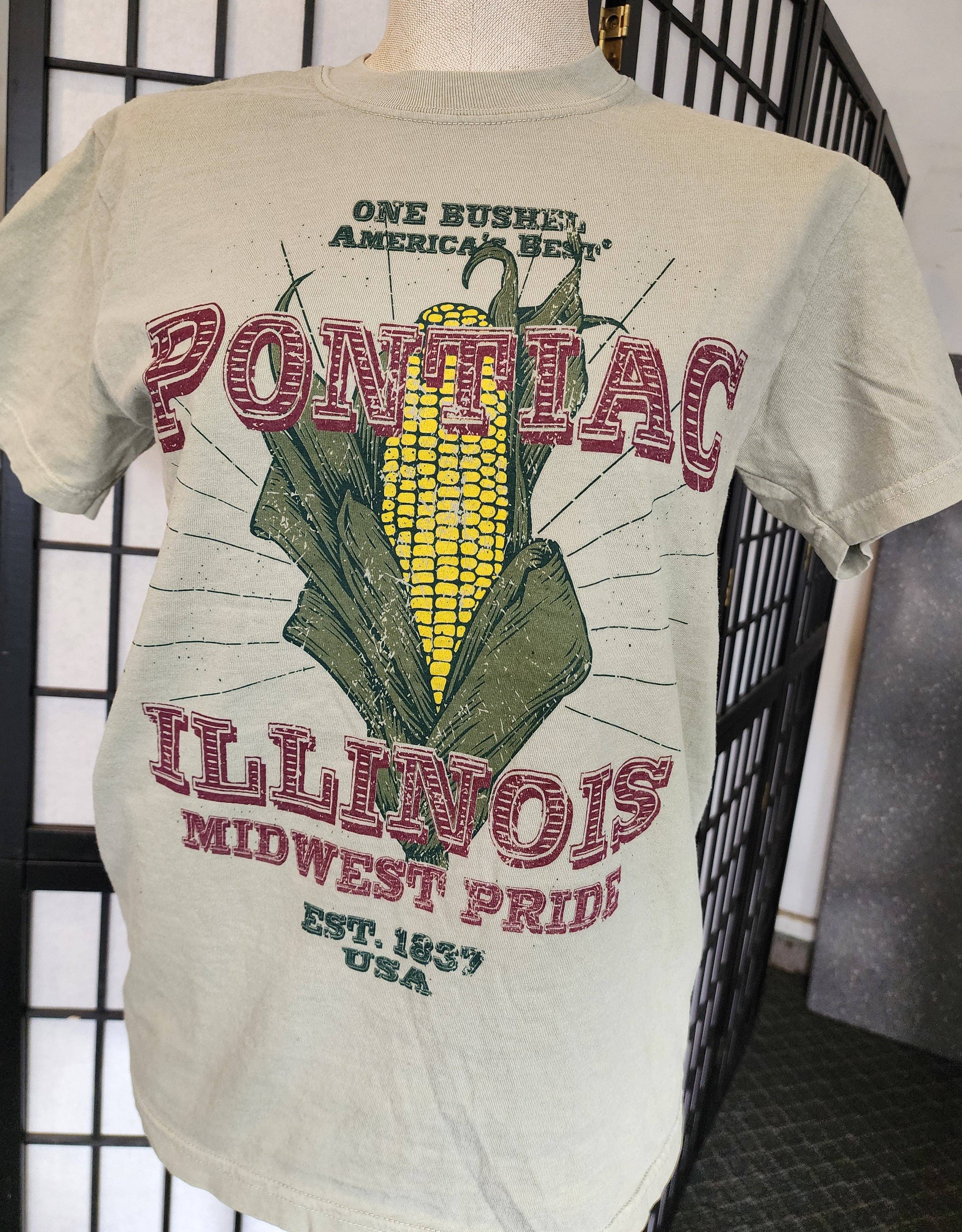 Seed House Prints - Wholesale Screen Printed T-Shirt - Unisex - "Pontiac, Illinois Midwest Pride" vintage seed bag design Custom-Colors tee, Sage0