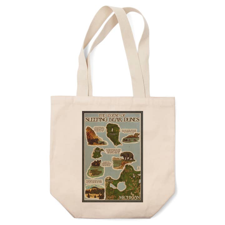 SACS TOTE BIOLOGIQUES Carte Légendaire de Sleeping Bear Dunes, Michigan pour la vente par Lantern Press