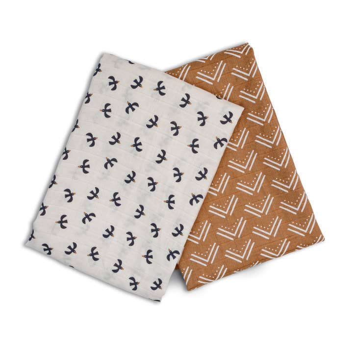 Lulujo - Wholesale Swaddle - Baby - 2-pack Cotton Swaddles - Mudcloth / Black Birds