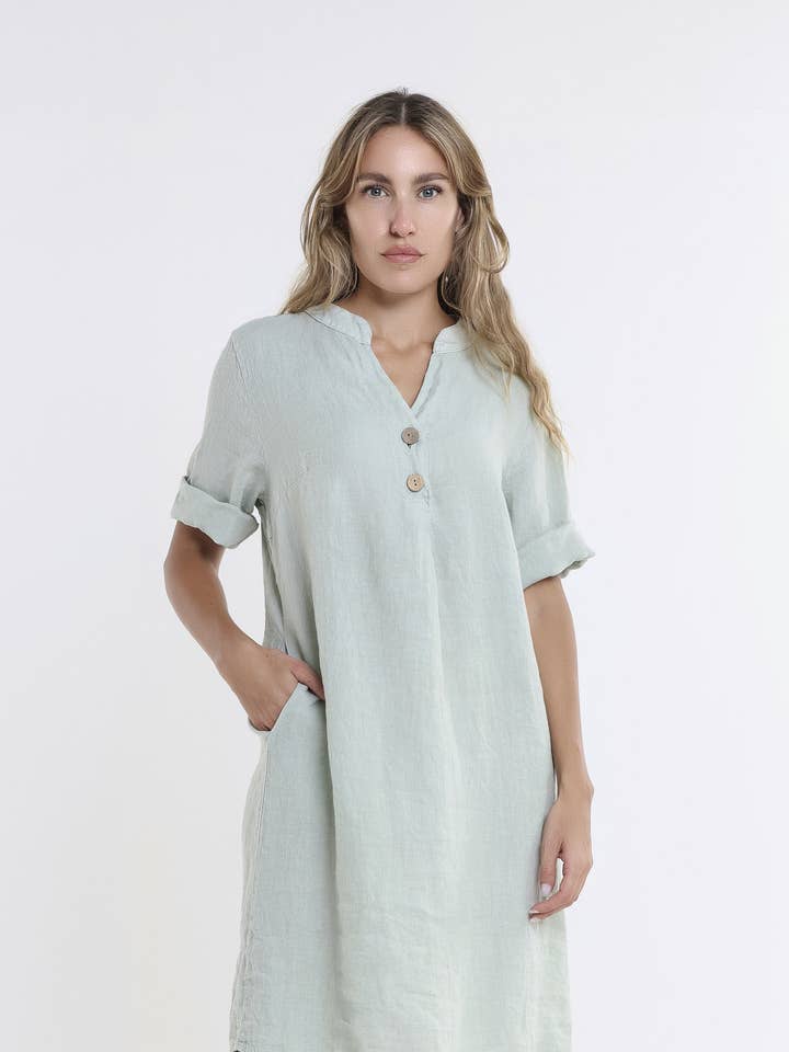 Lizzie Short Sleeve Linen Placket Dress (DSS140) for wholesale by TINA Stephens Italy/Tees By Tina