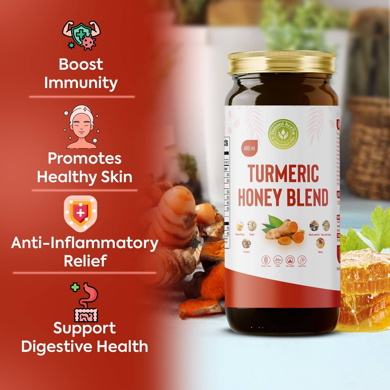 Yunani Herbs & essential Oils - Venta al por mayor Miel - Mezcla de miel y cúrcuma 480 ml2