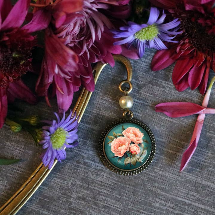 The Divine Iguana - Wholesale Bookmark - Pink Peony Bronze and Glass Cabochon Bookmark w/ Pearl Bead3
