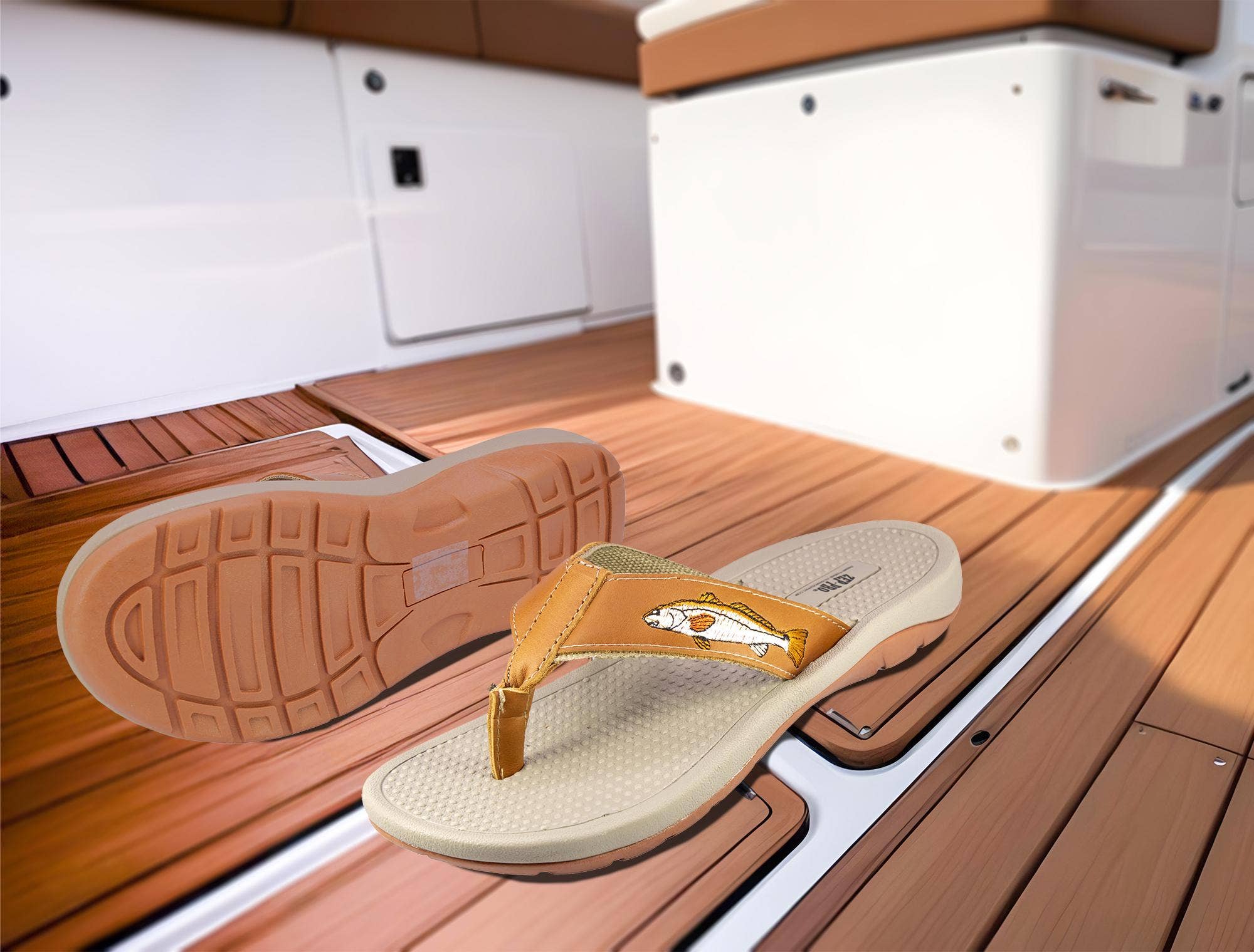 Zep-Pro - Wholesale Flip Flops - Men's - Redfish Men's Fishing Tan Leather Embroidered Fishing Sandal1