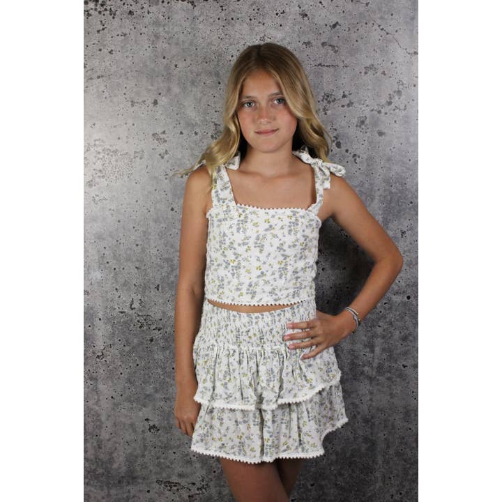 If So - Wholesale Skirt – Kids - 251013 Blue Floral Pom Pom Skirt