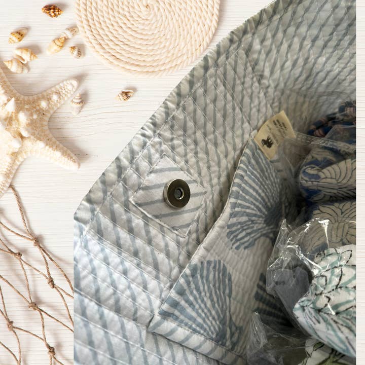 The Indian Bazaar - Wholesale Tote Bag - Women's - Quilted Cotton Reversible Tote Bag - Shell Block Print Gray