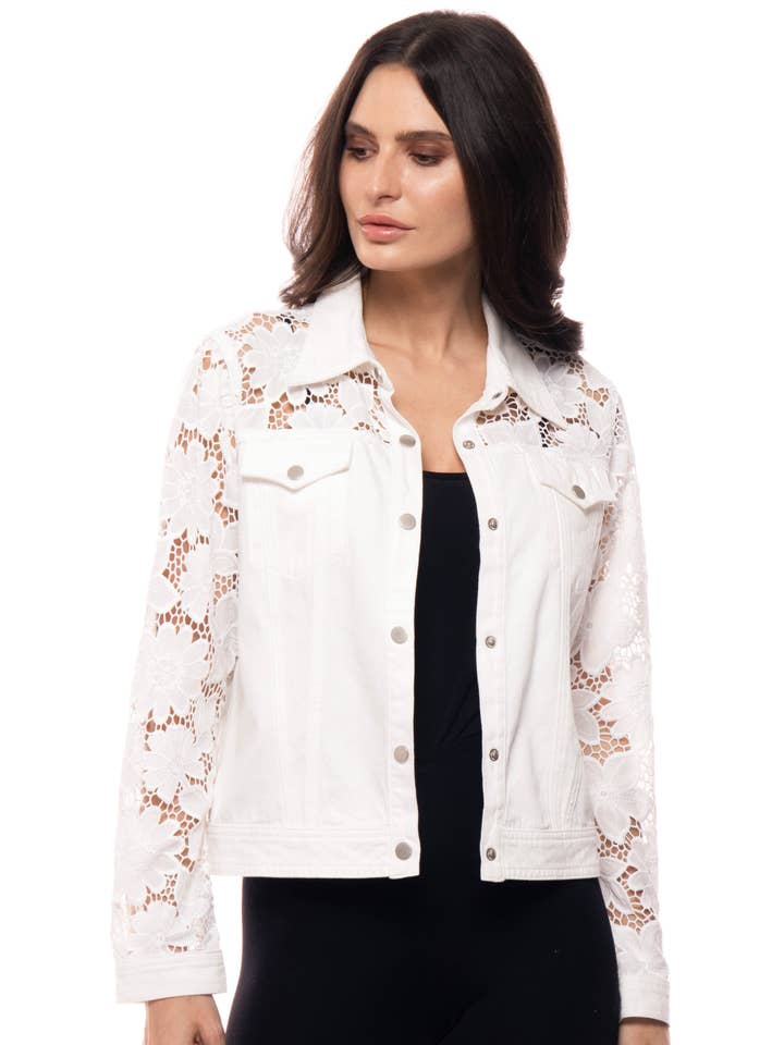 A7217-715 Floral Lace Sleeve Denim Jacket for wholesale by Adore