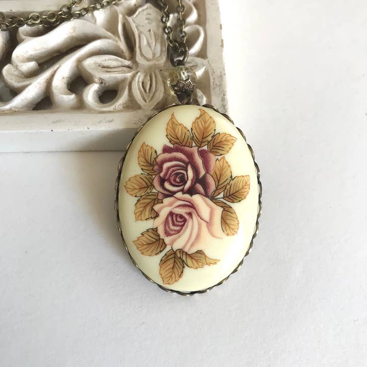 Botanical Bird - Wholesale Pendant/Charm Necklace - Rose cameo necklace, vintage porcelain cabochon pendant, 24"