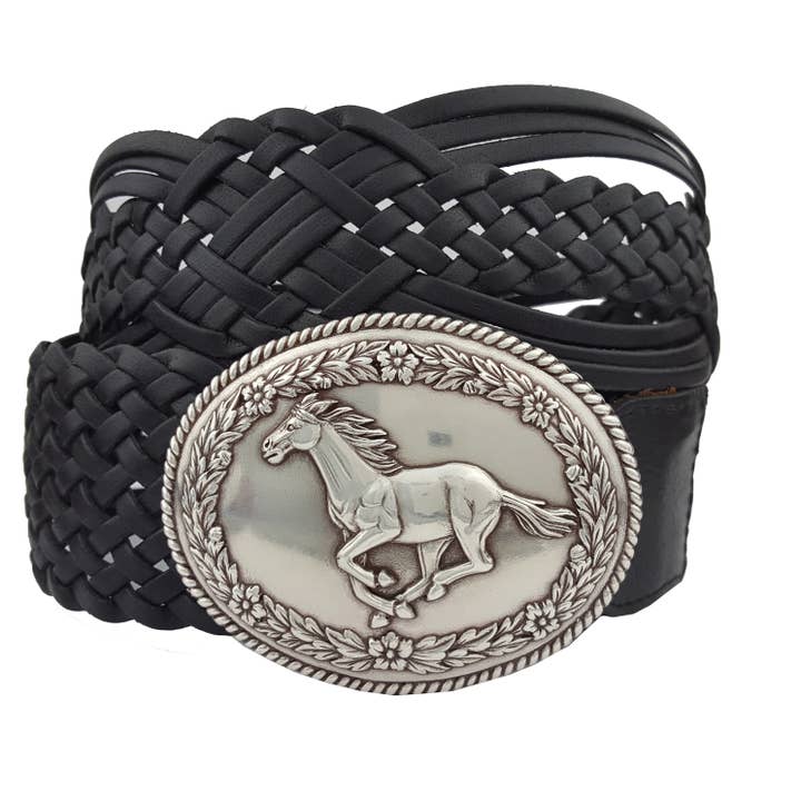 Axesoria West - Wholesale Belt - Women's - Hand Braided Leather Belt with Silver Galloping Horse Buckle
