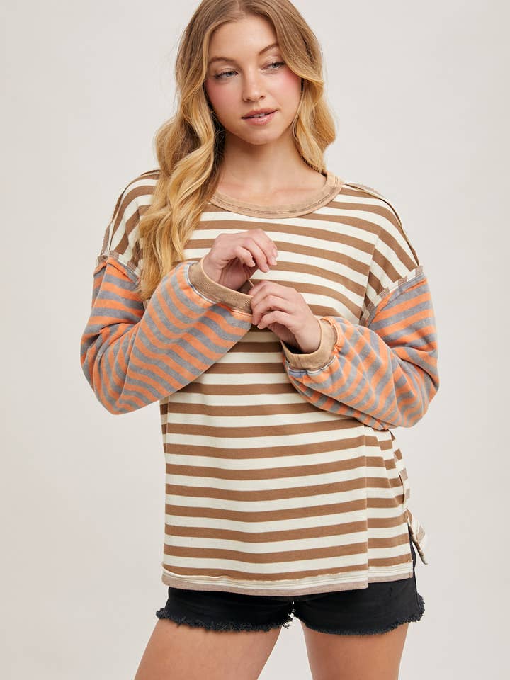 Bluivy - Wholesale Knit Sweater - Women's - STRIPE CONTRAST EXPOSED SEAM LOOSE FIT KNIT PULLOVER