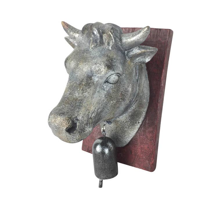Resin Cow Head on Board with Bell - Grey - 7.5" Tall for wholesale by Birch Maison