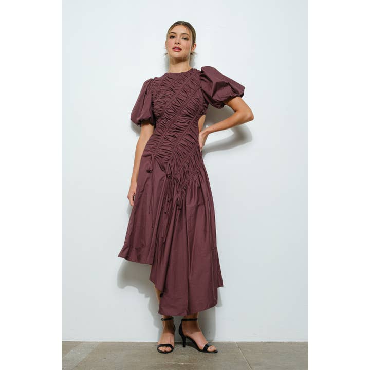 INA - Wholesale Dress - Women's - Cotton Short Puff Sleeve Drawstring Midi Dress
