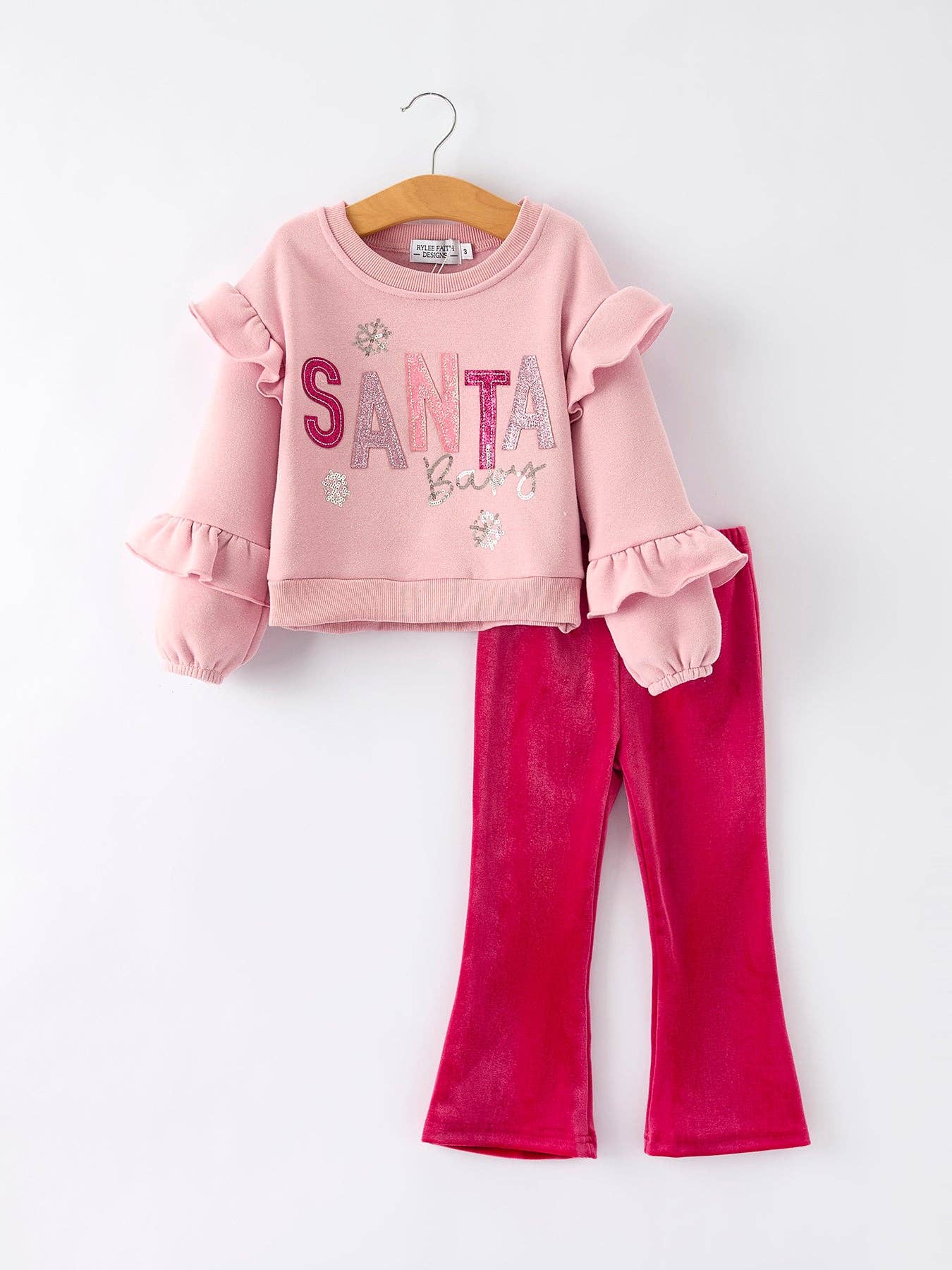 Rylee Faith Designs – wholesale Top & trouser set – Kids – Girls Christmas Outfit – Pink “Santa Baby” Ruffle Sweatshirt & Velvet Bell-Bottom Pants Set0