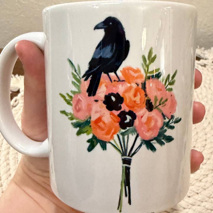 Pink and Orange Floral Black Crow Goth Coffee Mug for wholesale by Cryptic Paper Co.