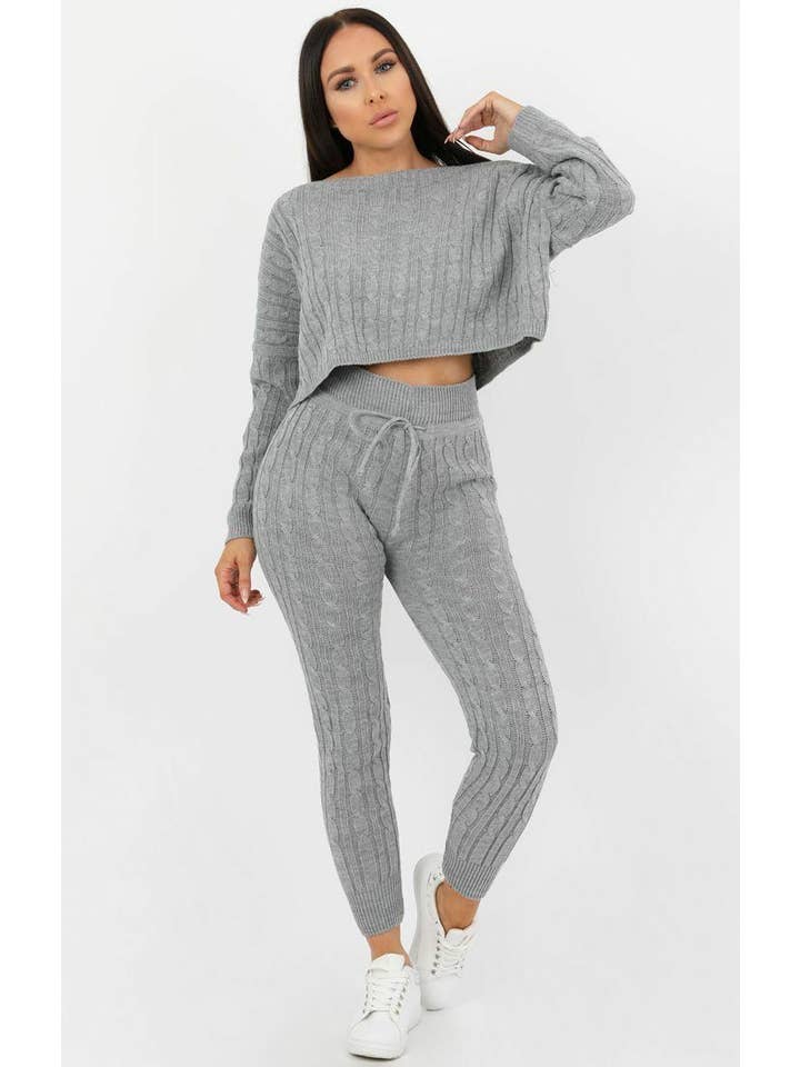 Femme Luxe – wholesale Lounge set – Women's – Grey Cable Knit Loungewear Set - Robina