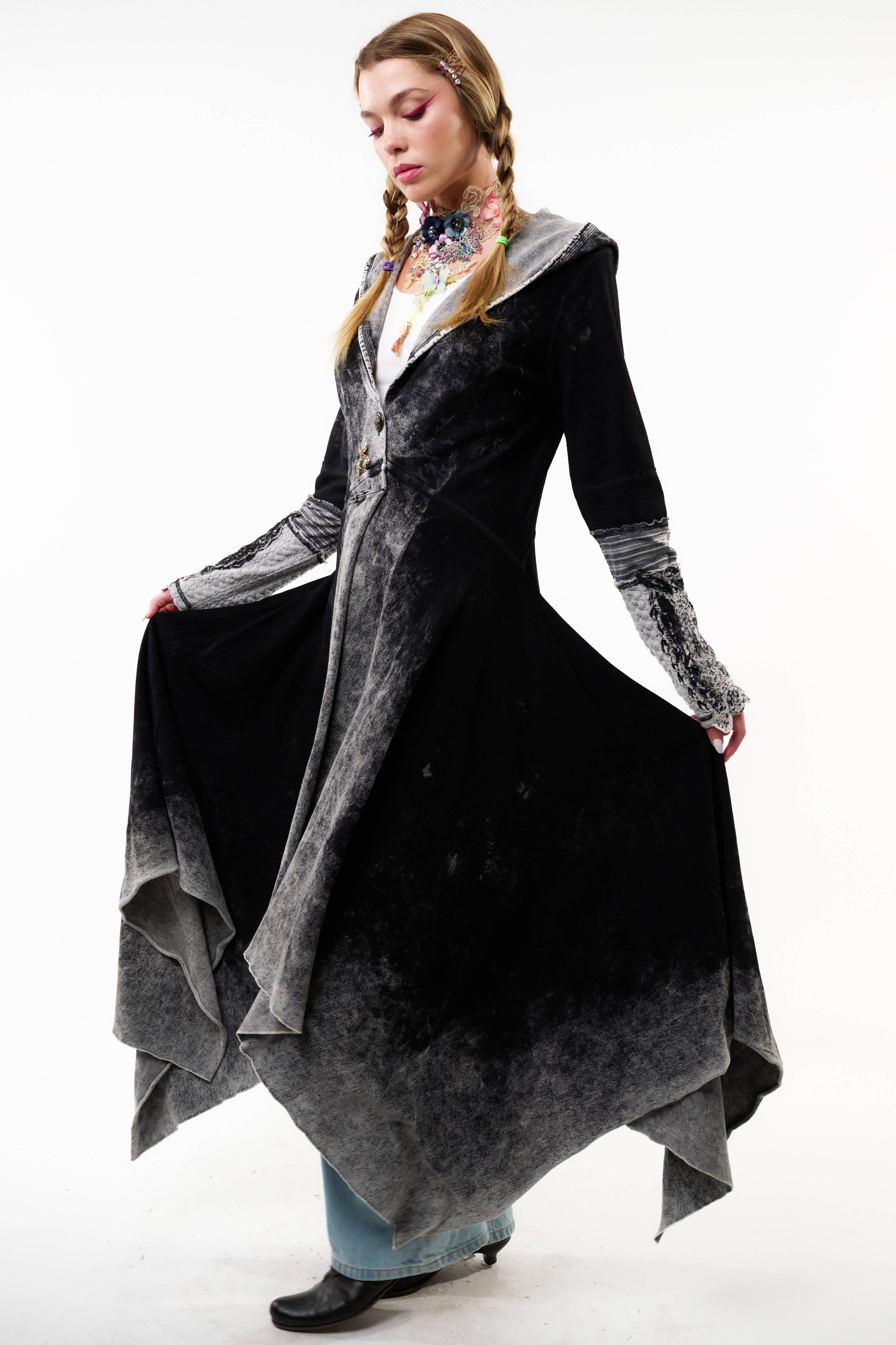 Black Acid Wash Forest Goddess French Terry Coat for wholesale on Faire10