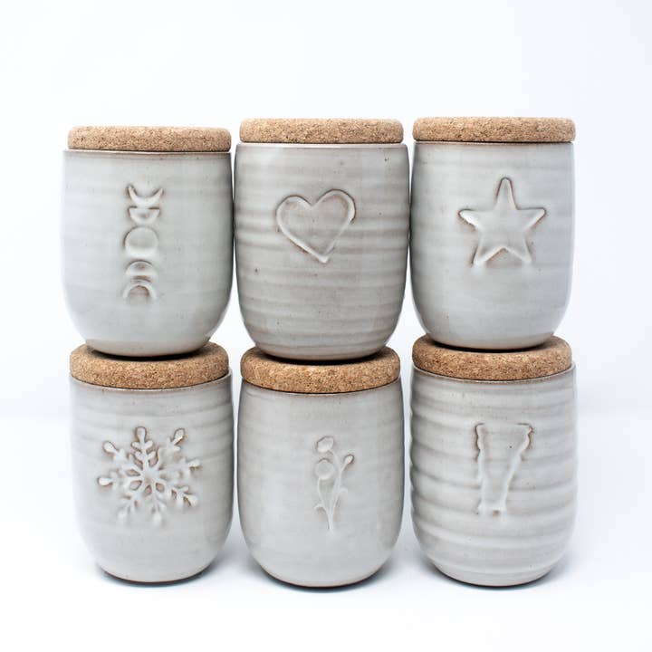 Three Buds Apothecary - Wholesale Jar/Filled Candle - Ceramic Candle w/Seed Label + Cork Lid: HARVEST MOON3