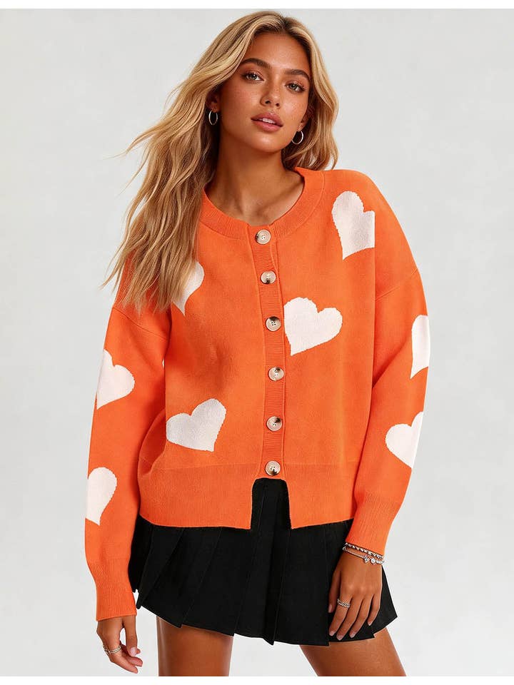 Sweetkama – Cardigan - Mulher por atacado – Cardigan feminino com coração e botões, gola redonda, modelo 236817