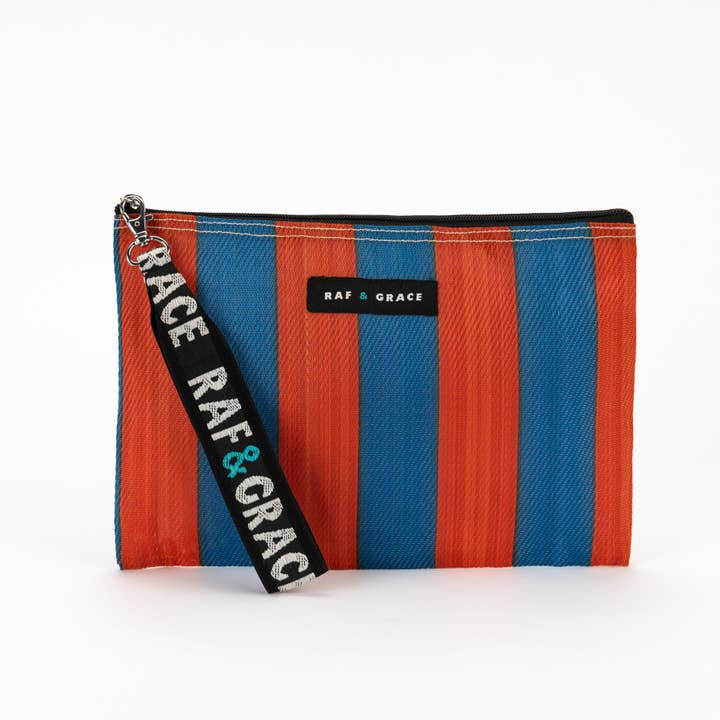 Navy/Orange Striped Recycled Plastic Small Zip Pouch for wholesale by Raf & Grace