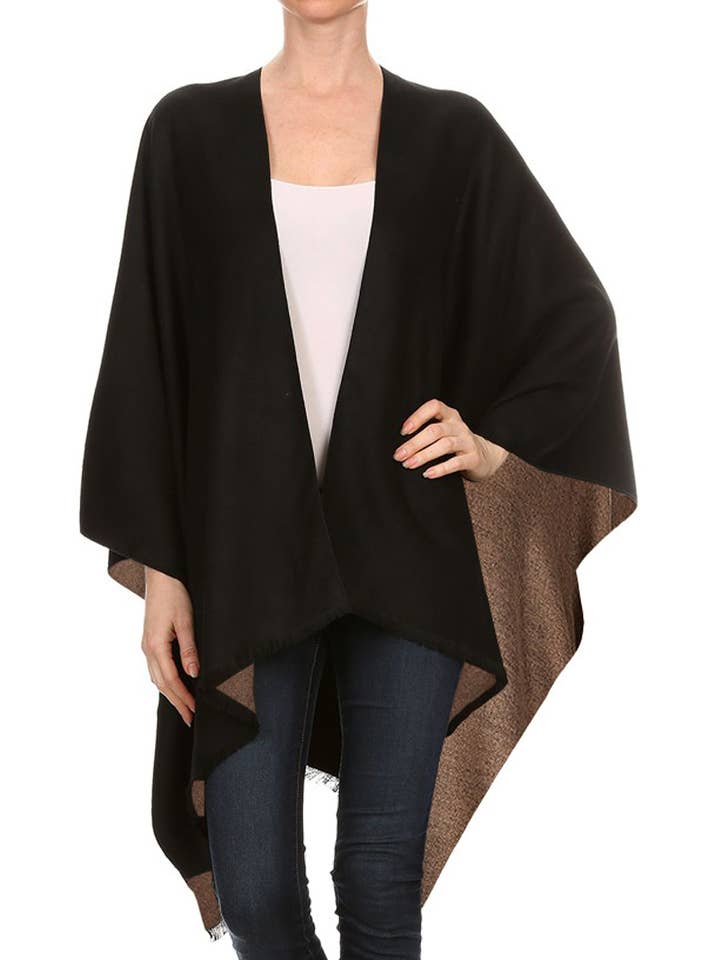 Cap Zone - Wholesale Poncho - Women's - Reversible Faux Cashmere Open Cape Poncho