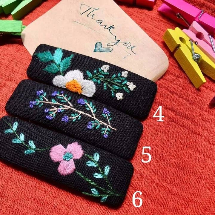 Quince Fables - Wholesale Barrette - Women's - Floral Embroidered Hair Barrette, Black Collection