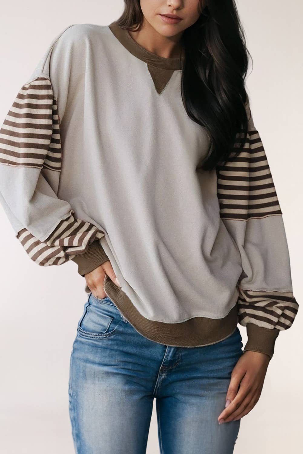 LA Society - Wholesale Sweatshirt - Women's - Striped Colorblock Patchwork Drop Shoulder Sweatshirt4
