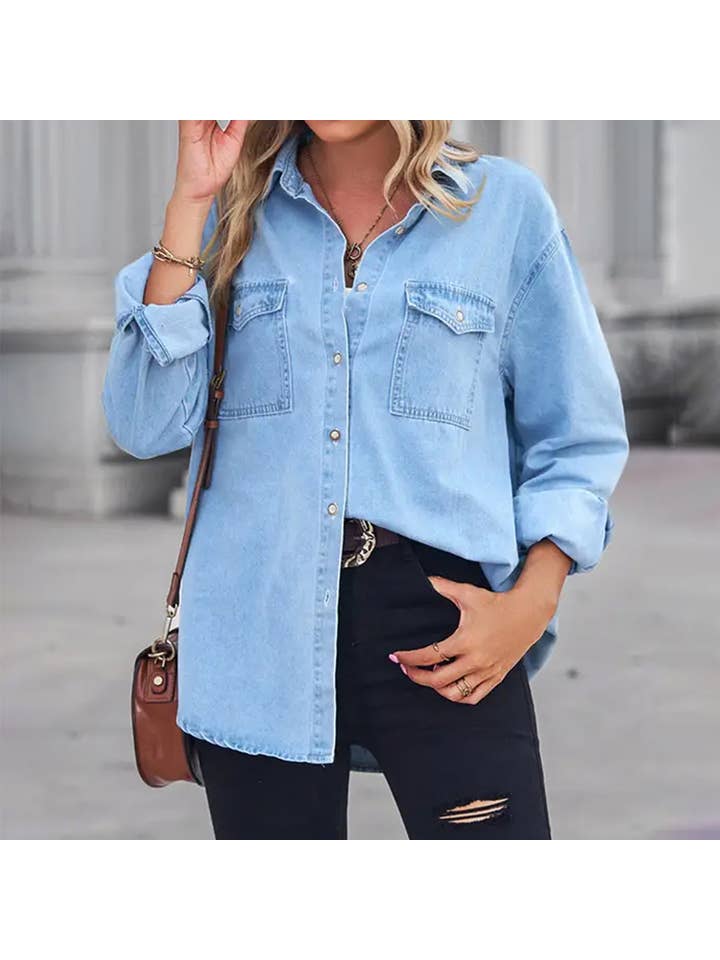 LIGHTBLUE Light-colored slim long sleeve basic denim shirt for wholesale on Faire