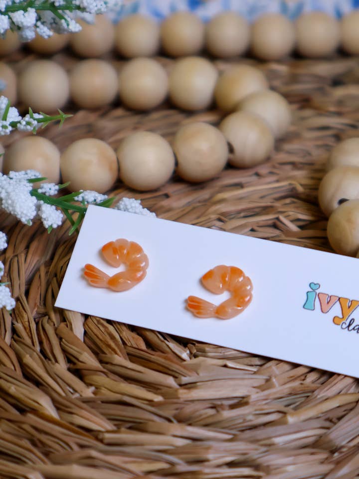 Realistic Shrimp Studs | Mini Food | Polymer Clay Earrings for wholesale by Ivy Lane Clay Co.
