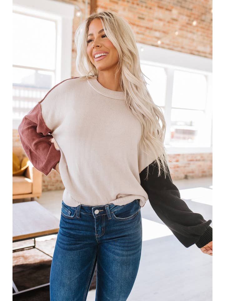 Liam & Company - Wholesale Knit Sweater - Women's - Harlow Colorblock Puff Sleeve Sweater | S-2XL