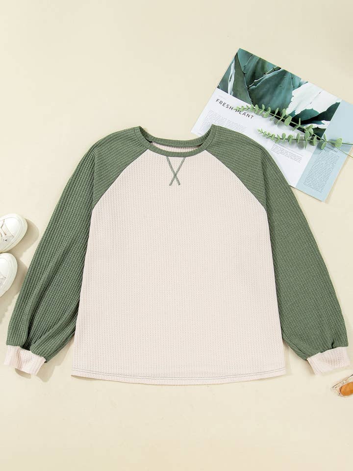 Mist Green Plus Size Waffled Color Block Long Sleeve Top for wholesale by Sweet Lover Fashion