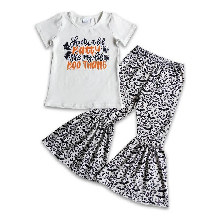 Boo shirt bat bell bottom pants baby girls Halloween clothes for wholesale by Yawoo Garments