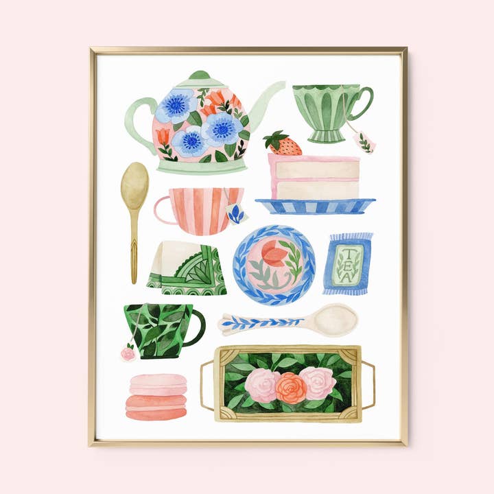 Pink and Green Tea Set Art Print for wholesale by Mia Whittemore