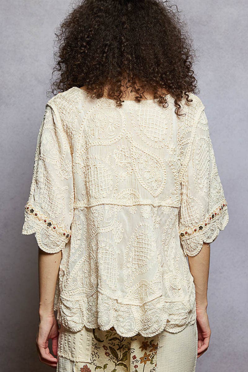 Pol Clothing - Wholesale Blouse - Women's - Short Sleeve Adjustable Drawstring Crochet V Neck Top23