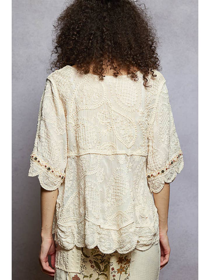 Pol Clothing - Wholesale Blouse - Women's - Short Sleeve Adjustable Drawstring Crochet V Neck Top23